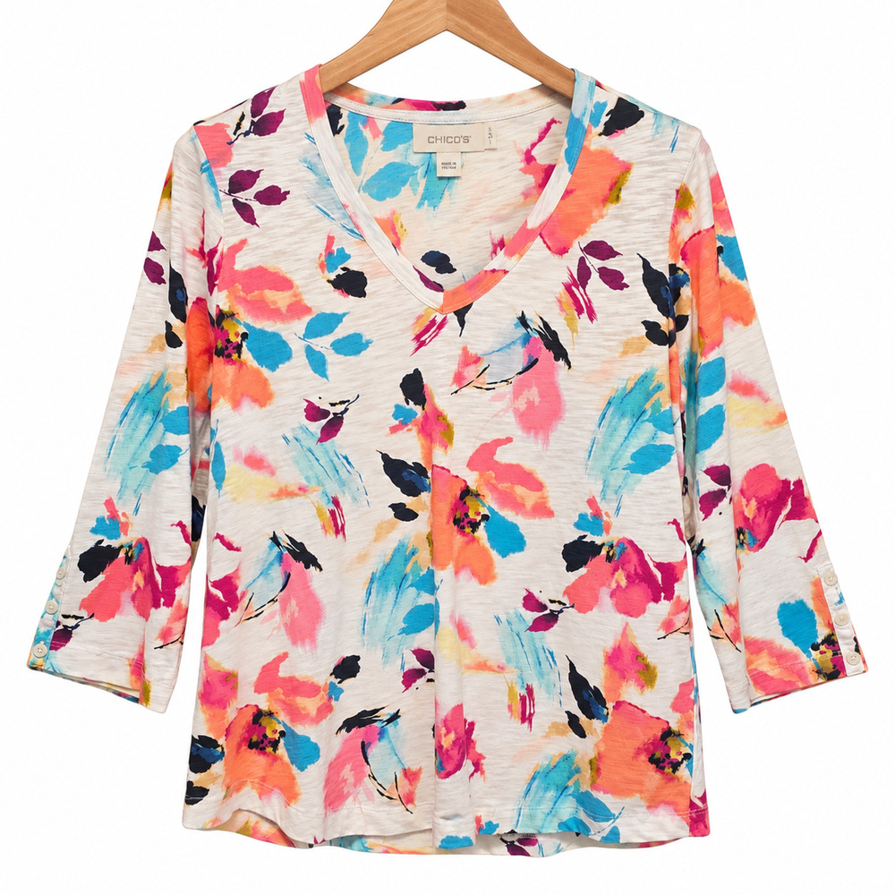 Chicos Top Womens L Multicolor Water Floral V-Neck 3/4 Sleeve Cotton Modal NWT